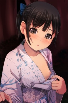 (b) pulling on kimono to show boob